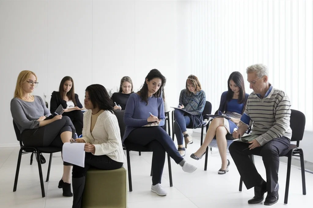 Un gruppo eterogeneo di persone, uomini e donne, che partecipano a una sessione di test psicologici in un ambiente clinico sereno e luminoso. Macro lens, 60mm, high detail, precise focusing, controlled lighting.