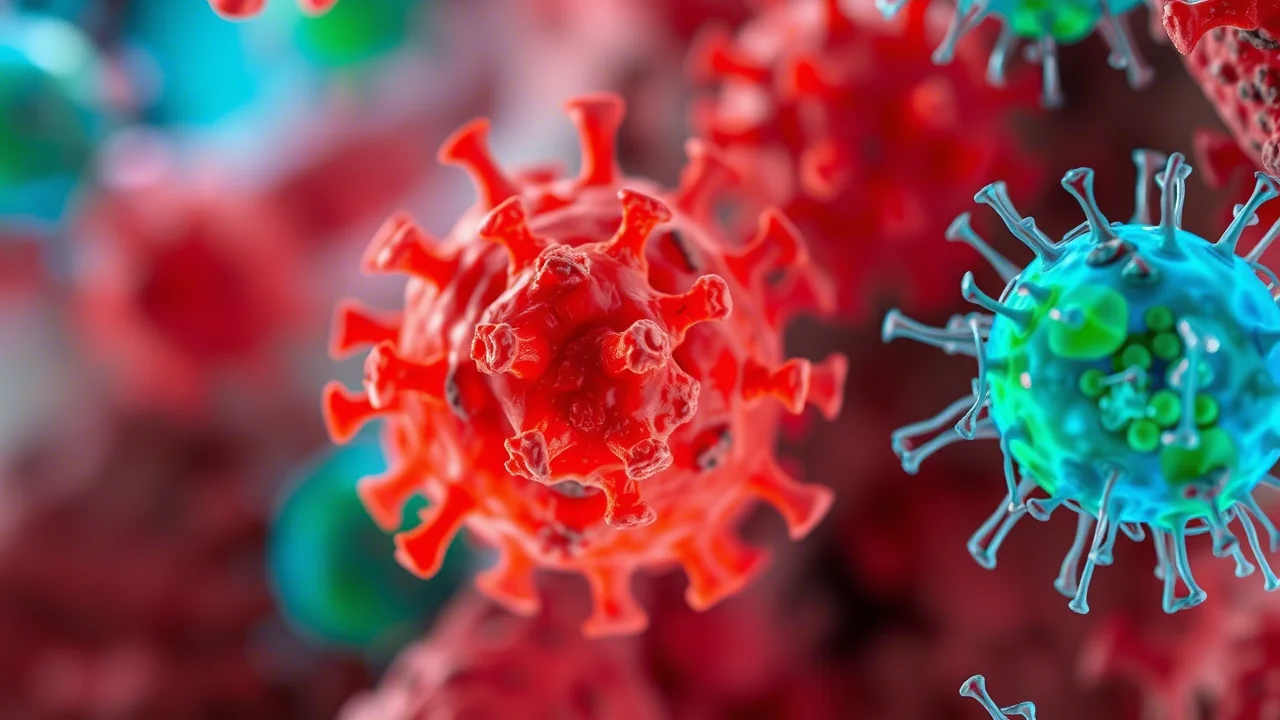 Immagine macro fotorealistica, obiettivo 80mm, che mostra cellule immunitarie invecchiate (rappresentate astrattamente con colori rosso/arancio sbiaditi e forme irregolari) accanto a cellule sane (blu/verde brillante) all'interno di una struttura simile al midollo osseo, con dettagli elevati e illuminazione controllata.