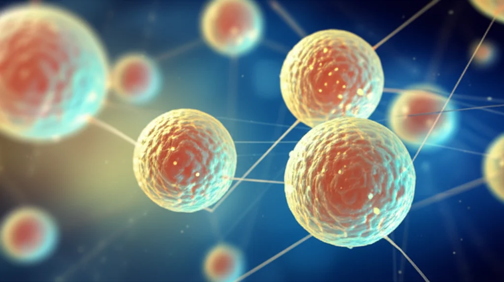 Immagine concettuale fotorealistica, obiettivo prime 35mm, che mostra cellule staminali ematopoietiche (sfere luminose) che passano da un colore opaco a uno vibrante, con scintille che rappresentano l'afflusso di calcio e una rete luminosa che simboleggia l'attività di Nedd4, sfondo con profondità di campo, duotone blu e oro.