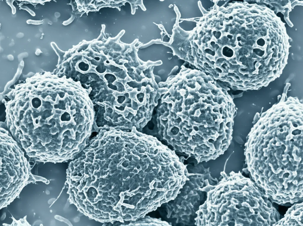 Vista microscopica fotorealistica, obiettivo macro 100mm, che mostra cellule mieloidi senescenti (grandi, forma irregolare, colore grigiastro) che iniziano a frammentarsi (apoptosi), mentre cellule sane vicine rimangono intatte, alta definizione, illuminazione precisa.