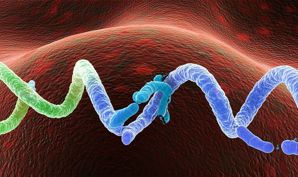 Visualizzazione macro fotorealistica di un filamento di DNA tridimensionale che si avvolge e forma anse complesse all'interno di un nucleo cellulare, illuminazione controllata per evidenziare i dettagli strutturali, obiettivo macro 60mm, alta definizione, con aree evidenziate che rappresentano enhancer e promotori interagenti.