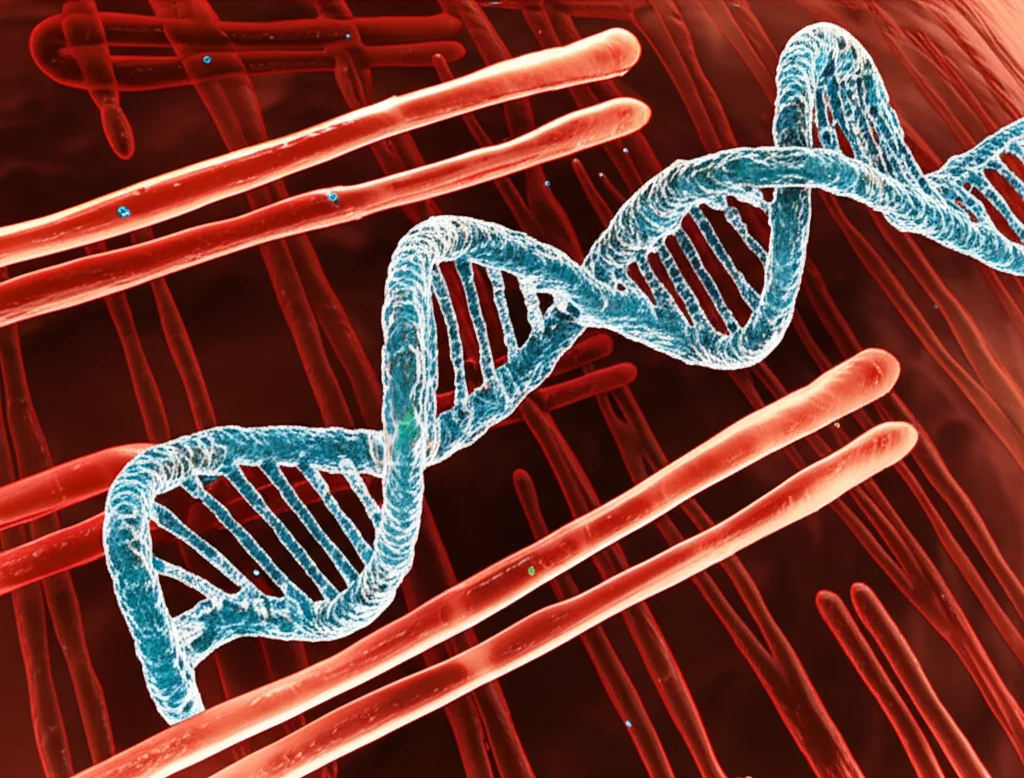 Illustrazione fotorealistica di DNA extracromosomico (ecDNA) circolare, ingrandito, fluttuante vicino a cromosomi lineari all'interno di una cellula tumorale. Dettaglio elevato delle molecole di DNA, obiettivo macro 70mm, illuminazione che sottolinea la natura anomala e la replicazione dell'ecDNA, con oncogeni evidenziati.