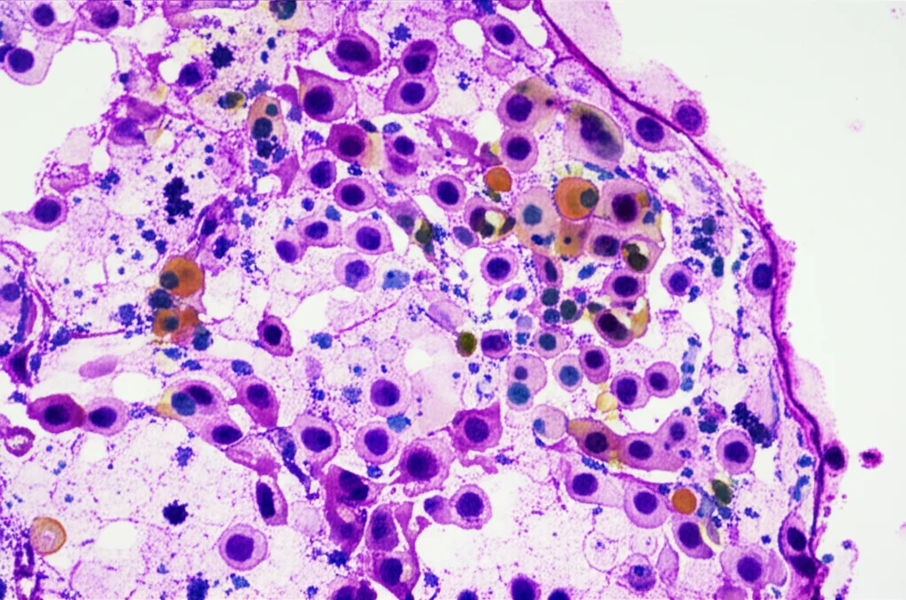 Fotomicrografia realistica di cellule immunitarie (linfociti T, macrofagi) che interagiscono con cellule tumorali eterogenee nel microambiente tumorale. Si notano le interazioni a livello di membrana e la vascolarizzazione. Obiettivo da microscopia ad alta risoluzione, illuminazione differenziale per distinguere i tipi cellulari, campo visivo che mostra la complessità del TME, stile documentaristico scientifico.