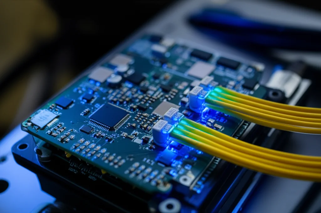 Immagine fotorealistica di un nodo di una rete quantistica multi-anello. Si vedono fibre ottiche luminose che entrano ed escono dal nodo, con alcune fibre che si incrociano e si collegano a piccoli dispositivi BSM (Bell State Measurement) illuminati di blu. L'interno del nodo è complesso e high-tech, con circuiti integrati visibili. Macro lens 80mm, high detail, precise focusing, controlled lighting con luce soffusa laterale, con un leggero effetto bokeh sullo sfondo per concentrarsi sul nodo.