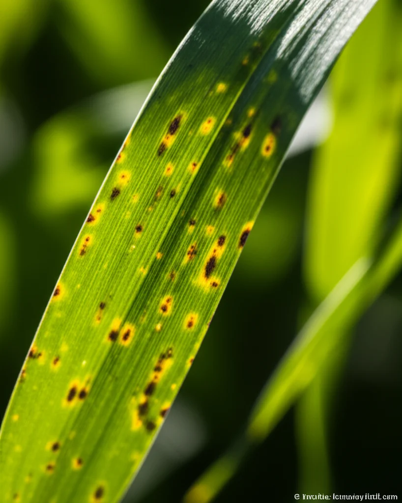 Primo piano macro di una foglia di grano con evidenti macchie necrotiche gialle e marroni tipiche della Septoria Tritici Blotch, messa a fuoco precisa sui dettagli della lesione, illuminazione controllata da studio, lente macro 90mm, alta definizione.