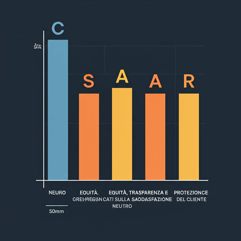 Un grafico a barre stilizzato che mostra l'impatto positivo di equità, trasparenza e protezione dati sulla soddisfazione del cliente, mentre la governance ha un impatto neutro. Obiettivo 50mm, illuminazione da studio, colori aziendali moderni.