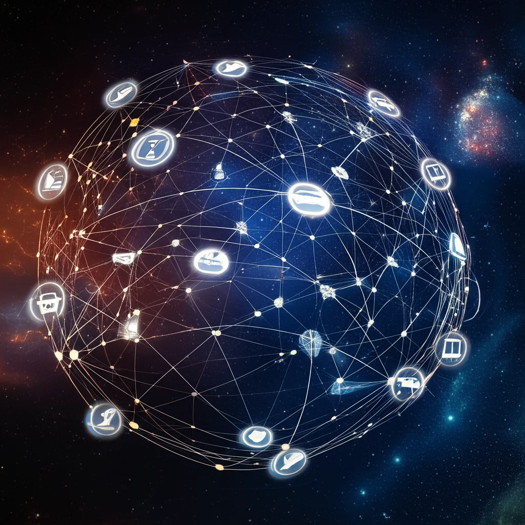 Foto grandangolare di una rete astratta e decentralizzata di nodi luminosi interconnessi su uno sfondo cosmico, alcuni nodi rappresentano dispositivi IoT, altri ospedali, altri auto autonome. Lunga esposizione per creare scie luminose tra i nodi, sharp focus, 10mm wide-angle, a rappresentare le diverse applicazioni e architetture dell'apprendimento federato.