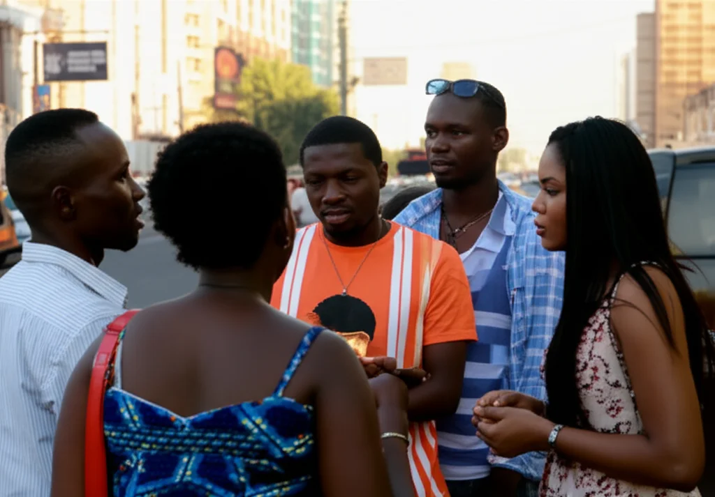 Ritratto di gruppo di giovani adulti angolani, uomini e donne tra i 18 e i 30 anni, in un contesto urbano vivace di Luanda, che discutono animatamente. Obiettivo da 35mm, luce naturale del tardo pomeriggio, profondità di campo per mettere a fuoco il gruppo principale, simboleggiando la fascia di popolazione più colpita dall'aumento dell'HBV.