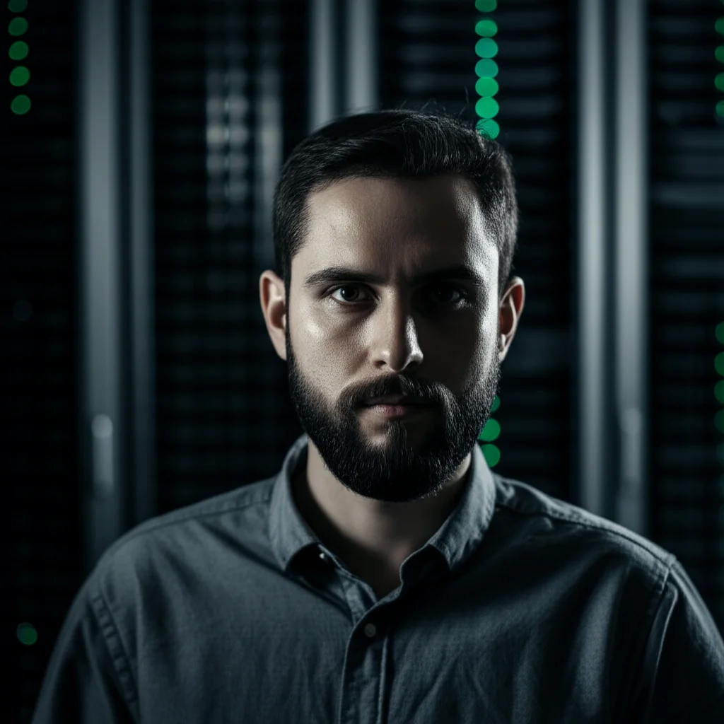 Ritratto di un ricercatore informatico che osserva un'interfaccia olografica complessa mostrando grafici di bilanciamento tra privacy (scudo) e accuratezza (bersaglio), stile film noir con illuminazione drammatica, profondità di campo che sfoca lo sfondo del data center, 35mm portrait, a simboleggiare le complesse metriche e i trade-off nell'apprendimento federato.