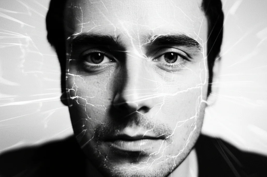 Un ritratto fotografico di un volto umano con sovrapposte linee digitali astratte che simboleggiano l'analisi dell'intelligenza artificiale, obiettivo da 35mm, bianco e nero film, profondità di campo.