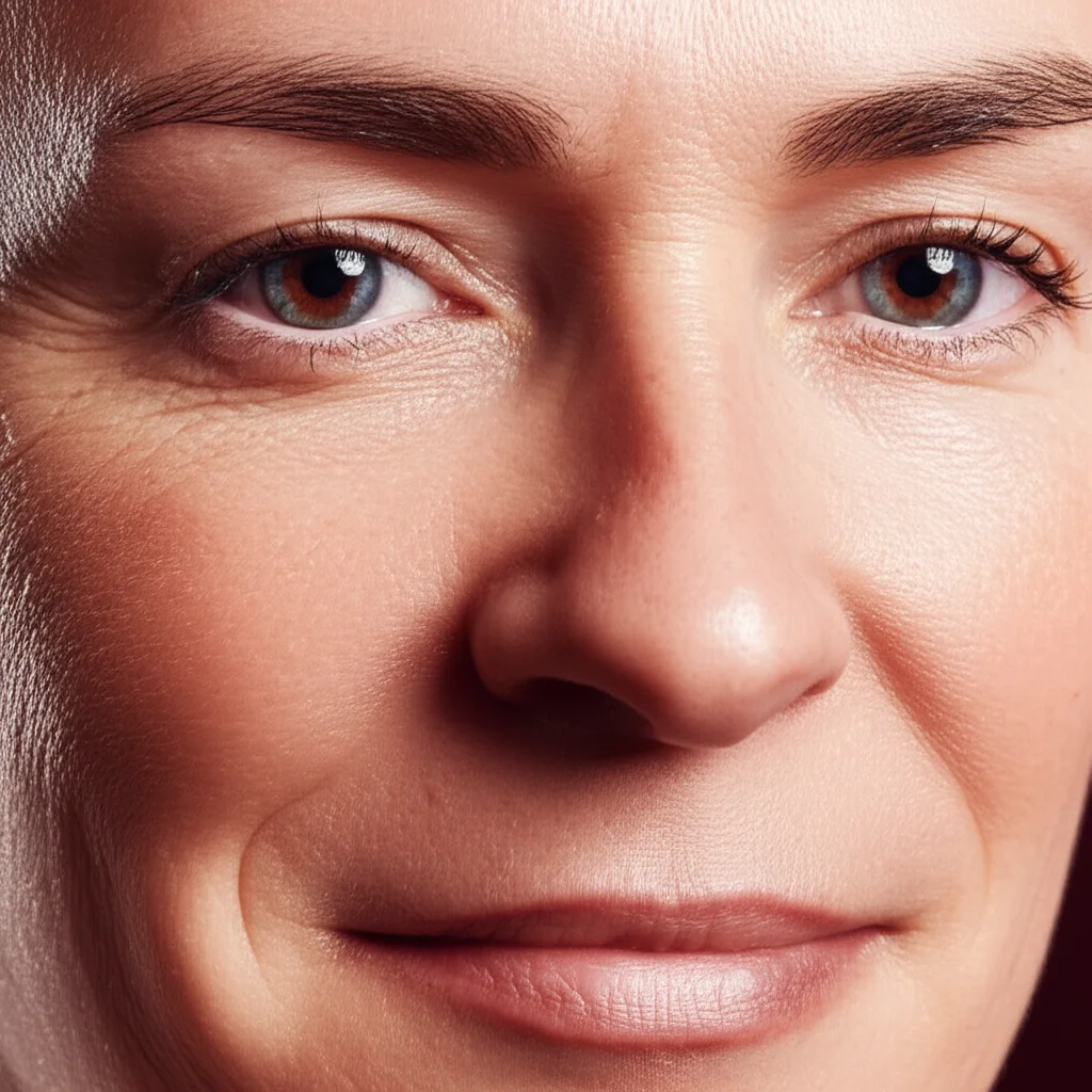 Primo piano di un volto che mostra una micro-espressione sottile, illuminazione da studio controllata, obiettivo macro da 90mm, alta definizione per catturare i minimi dettagli muscolari, per diagnosi di disturbi neurologici.