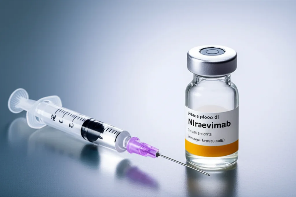 Primo piano di una fiala di Nirsevimab (etichetta generica 'Anticorpo Monoclonale') accanto a una siringa su un tavolo medico sterile, illuminazione da studio precisa, obiettivo macro 100mm, alta definizione per mostrare la chiarezza del liquido e i dettagli della fiala.