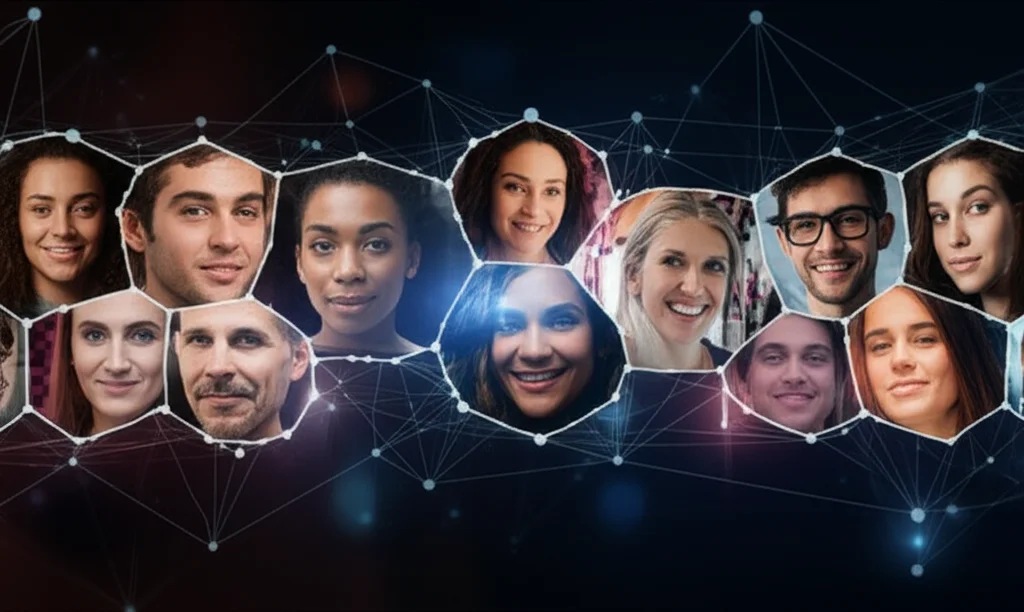 Un'immagine concettuale che mostra una rete neurale astratta con nodi luminosi che si collegano a diverse immagini di volti umani di varie etnie, obiettivo grandangolare da 20mm, per simboleggiare la collaborazione globale e la gestione dei dati.