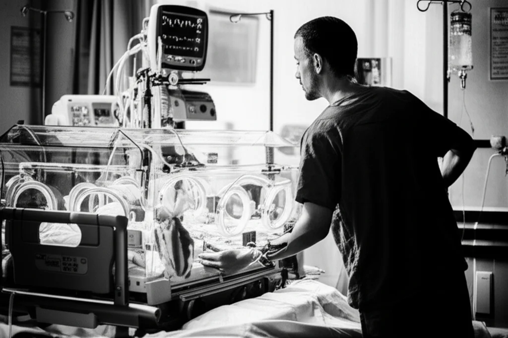 Medico o infermiere che controlla un monitor di segni vitali accanto a un'incubatrice in un'unità di terapia intensiva pediatrica (PICU), luce ambientale soffusa dell'ospedale, obiettivo 35mm per includere parte dell'ambiente, atmosfera seria ma speranzosa, bianco e nero cinematografico.