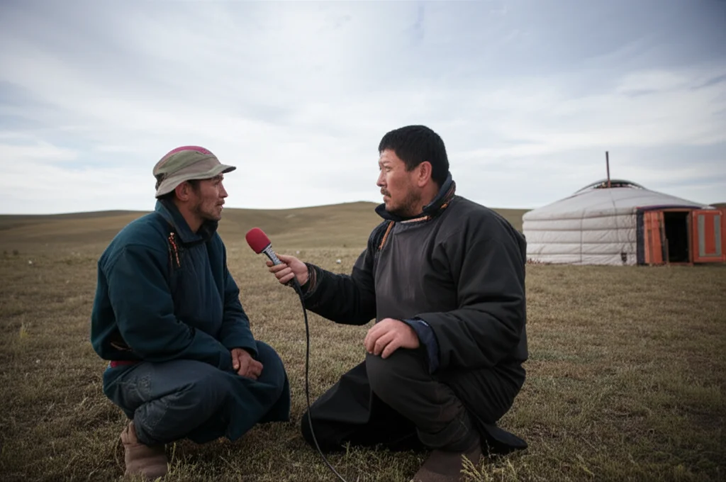 Fotografia realistica di un ricercatore che conduce un'intervista con un pastore nomade mongolo all'esterno della sua ger (yurta tradizionale) nel Parco Nazionale Hustai. Il paesaggio circostante è la steppa ondulata sotto un cielo vasto. L'interazione è rispettosa e concentrata. Obiettivo prime 35mm, luce naturale, profondità di campo che sfoca leggermente lo sfondo per concentrarsi sui soggetti.