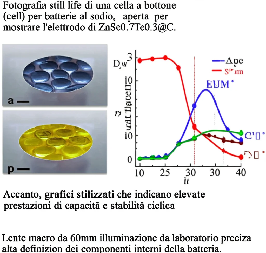 Fotografia still life di una cella a bottone (coin cell) per batterie al sodio, aperta per mostrare l'elettrodo di ZnSe0.7Te0.3@C. Accanto, grafici stilizzati che indicano elevate prestazioni di capacità e stabilità ciclica. Lente macro da 60mm, illuminazione da laboratorio precisa, alta definizione dei componenti interni della batteria.