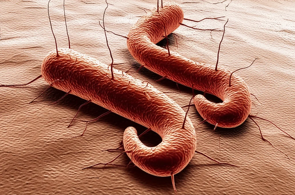 Immagine al microscopio elettronico dell'Helicobacter pylori, batteri a forma di spirale su una superficie che simula la mucosa gastrica, lente macro 100mm, illuminazione scientifica precisa, alto dettaglio dei flagelli batterici.