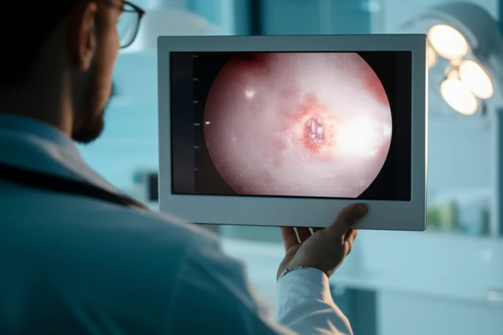 Medico che esamina una gastroscopia su uno schermo ad alta definizione, mostrando un'ulcera gastrica prima e dopo il trattamento, ambiente clinico moderno, lente prime 50mm, luce ambientale soffusa, focus sullo schermo.