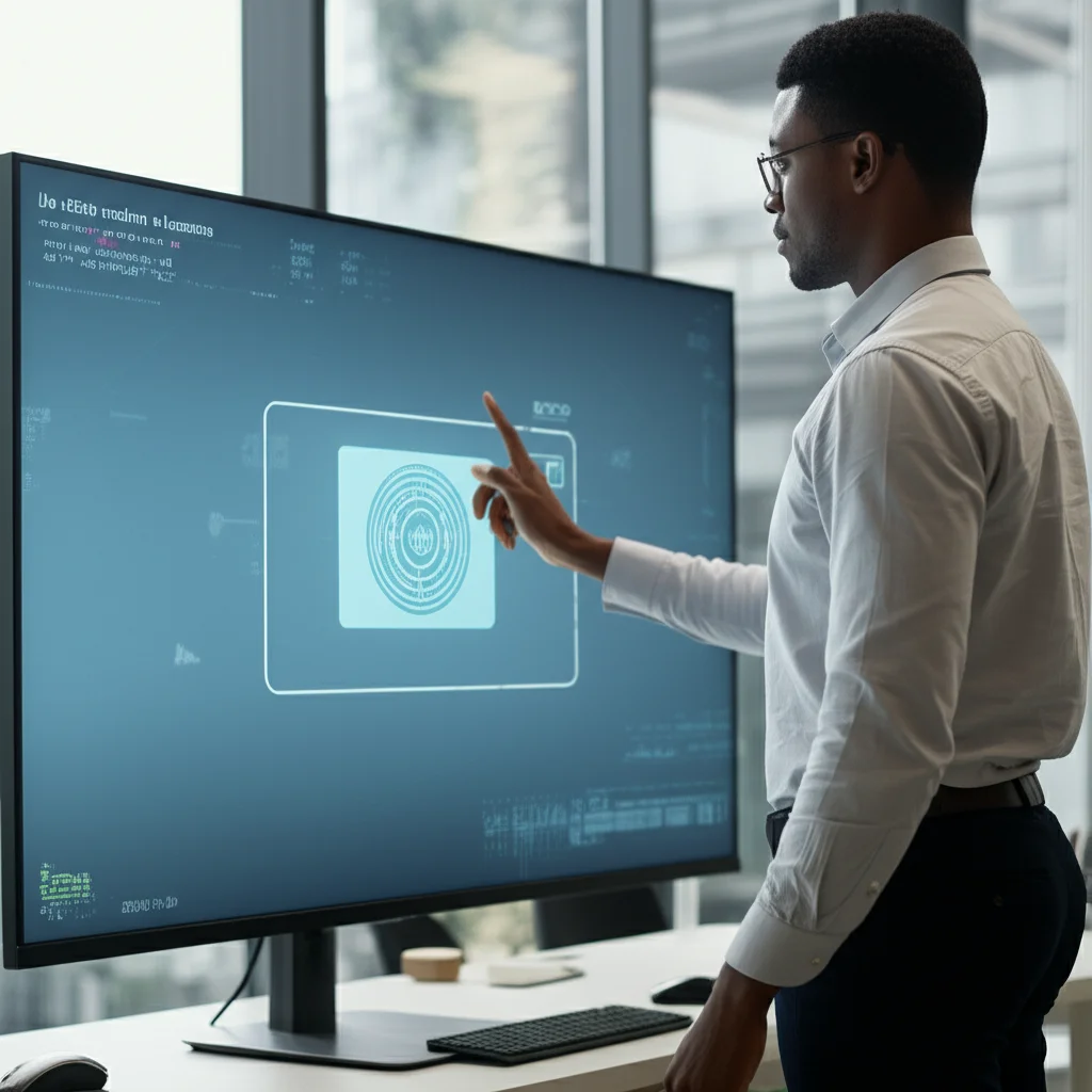 Un ufficio moderno e luminoso dove un professionista delle risorse umane, di etnia africana, interagisce con un'interfaccia AI futuristica su un grande schermo trasparente, prime lens, 35mm, depth of field, luce naturale controllata che entra dalle finestre, mettendo in evidenza la collaborazione uomo-macchina e l'ambiente di un'istituzione pubblica in Tanzania.