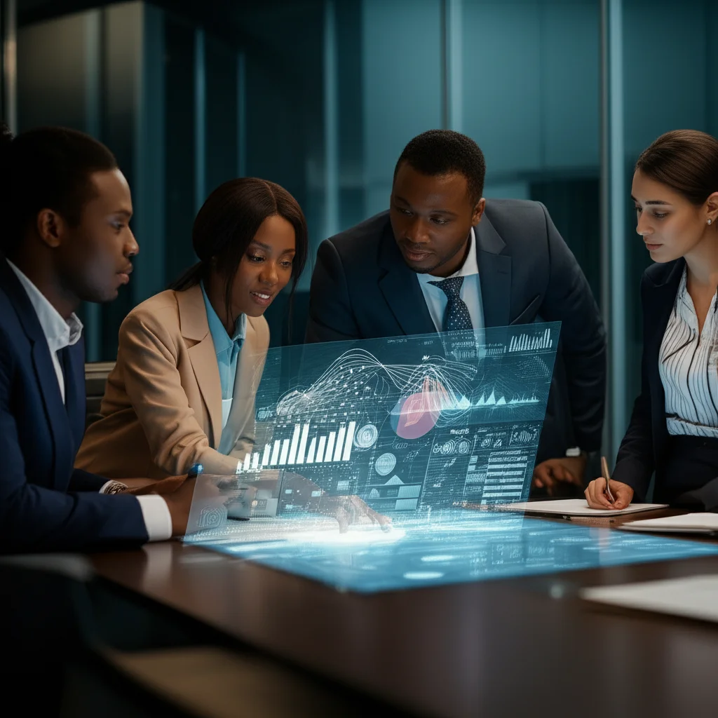Un team diversificato di professionisti HR, inclusi individui di etnia africana, in una sala riunioni moderna di un'istituzione pubblica, che discutono animatamente attorno a un tavolo olografico che mostra dati e analisi AI complessi, zoom lens, 24mm, l'immagine cattura l'interazione umana e la tecnologia come strumento di supporto, con un'atmosfera collaborativa e proiettata al futuro.