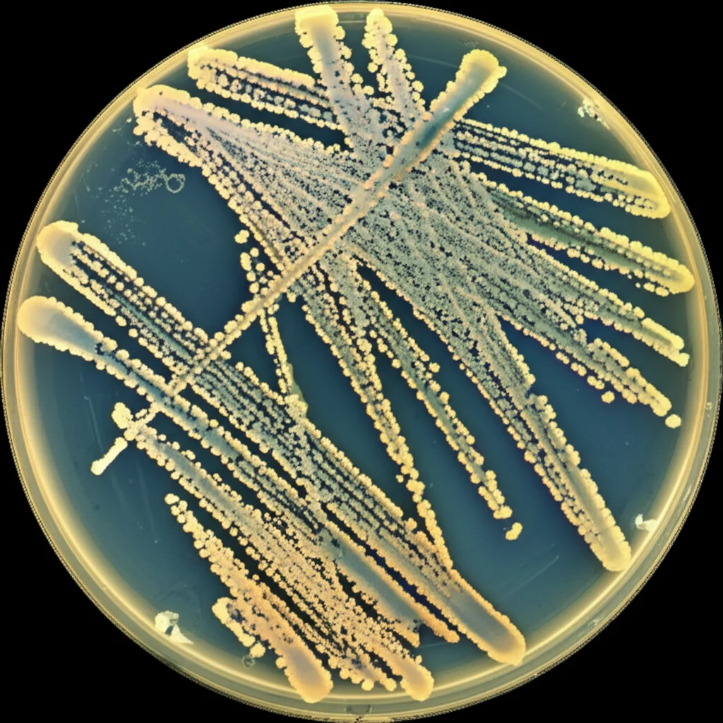 Macro fotografia, lente 100mm, di una coltura di batteri MRSA su una piastra di Petri, con alcuni batteri visibilmente danneggiati o in lisi a causa dell'interazione con nanoparticelle ETN@Fe7S8. Illuminazione controllata e drammatica per enfatizzare i dettagli e le texture, con focus preciso sulla zona di interazione tra batteri e nanomateriale.