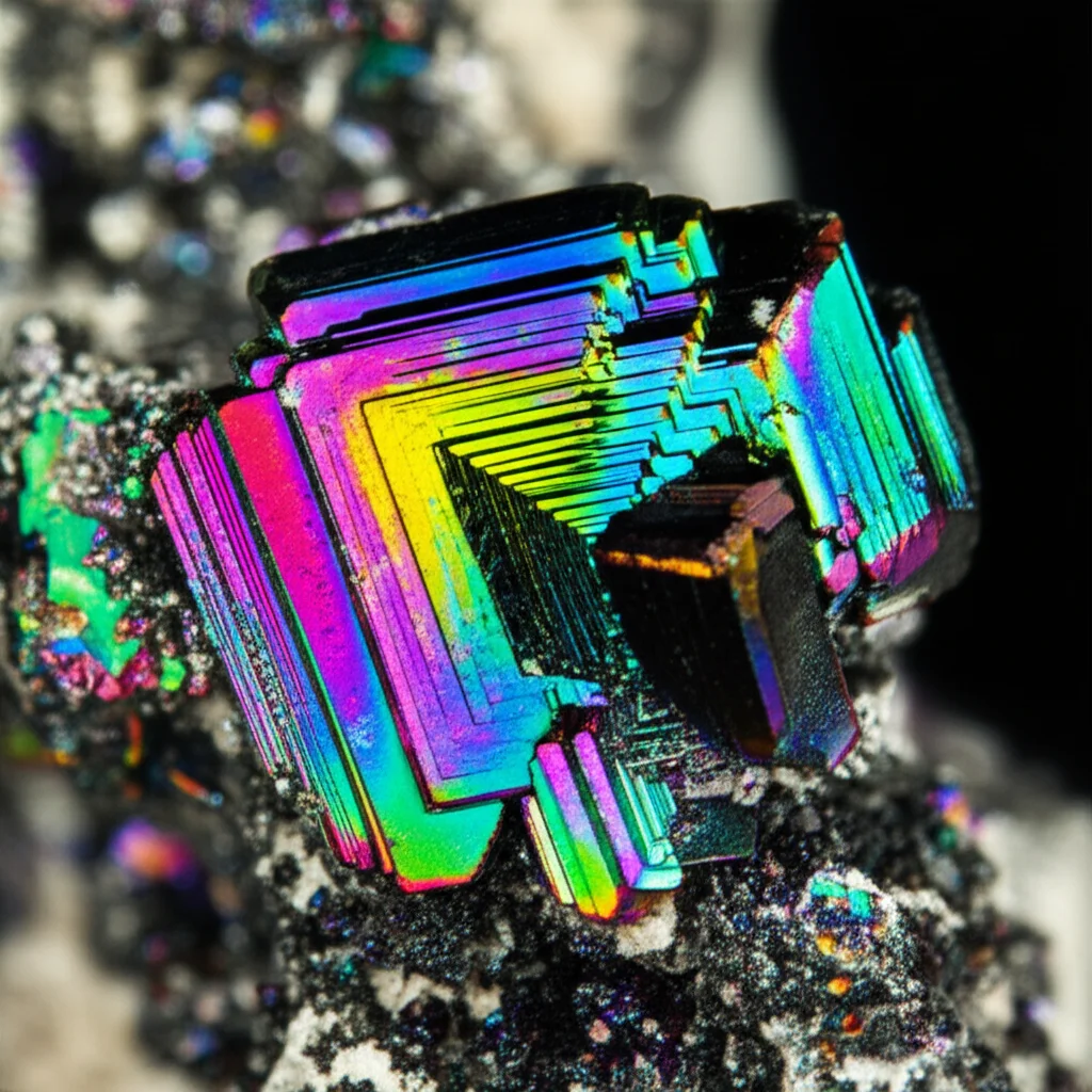 Macro fotografia di un cristallo di nabokoite, lente macro 90mm, alta definizione, illuminazione da studio controllata, che mostra la sua complessa struttura cristallina e i riflessi minerali dai toni bluastri e verdi.