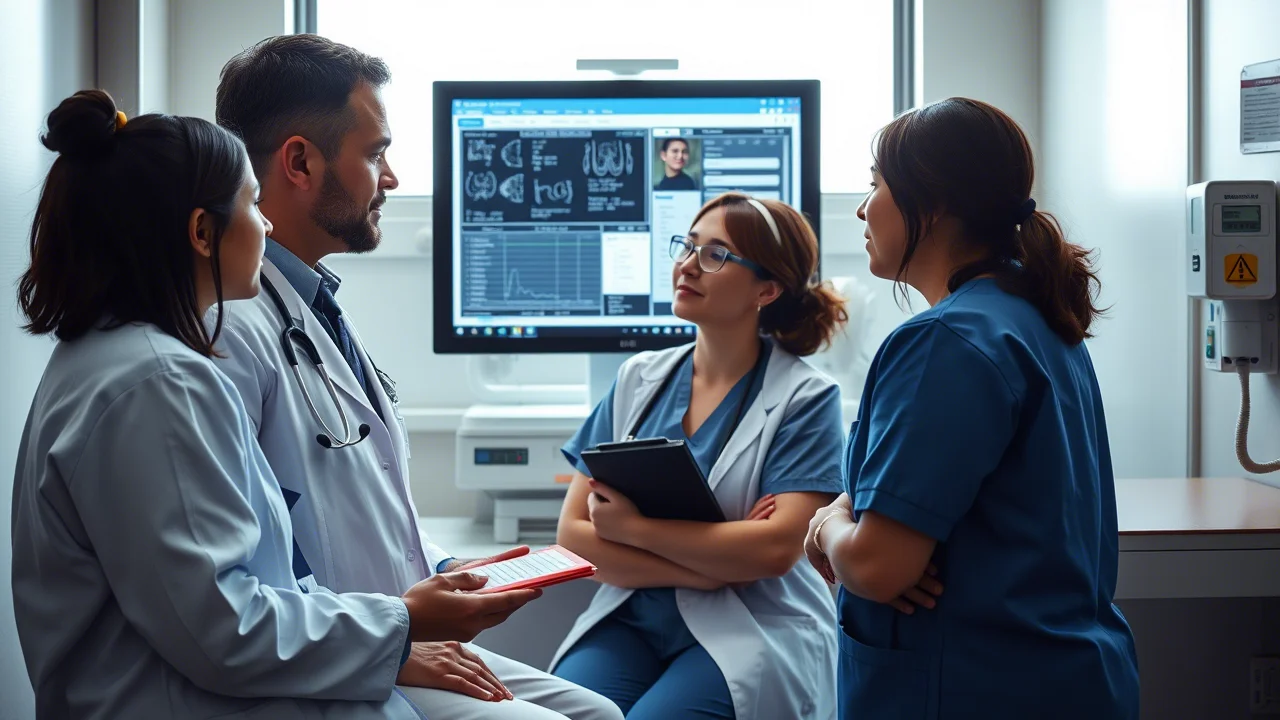 Fotografia realistica di un team medico (medico, infermiera, assistente sociale) che discute in modo collaborativo davanti a uno schermo EMR in un'area tranquilla del pronto soccorso pediatrico. Obiettivo 35mm, luce naturale dalla finestra, atmosfera concentrata ma empatica.