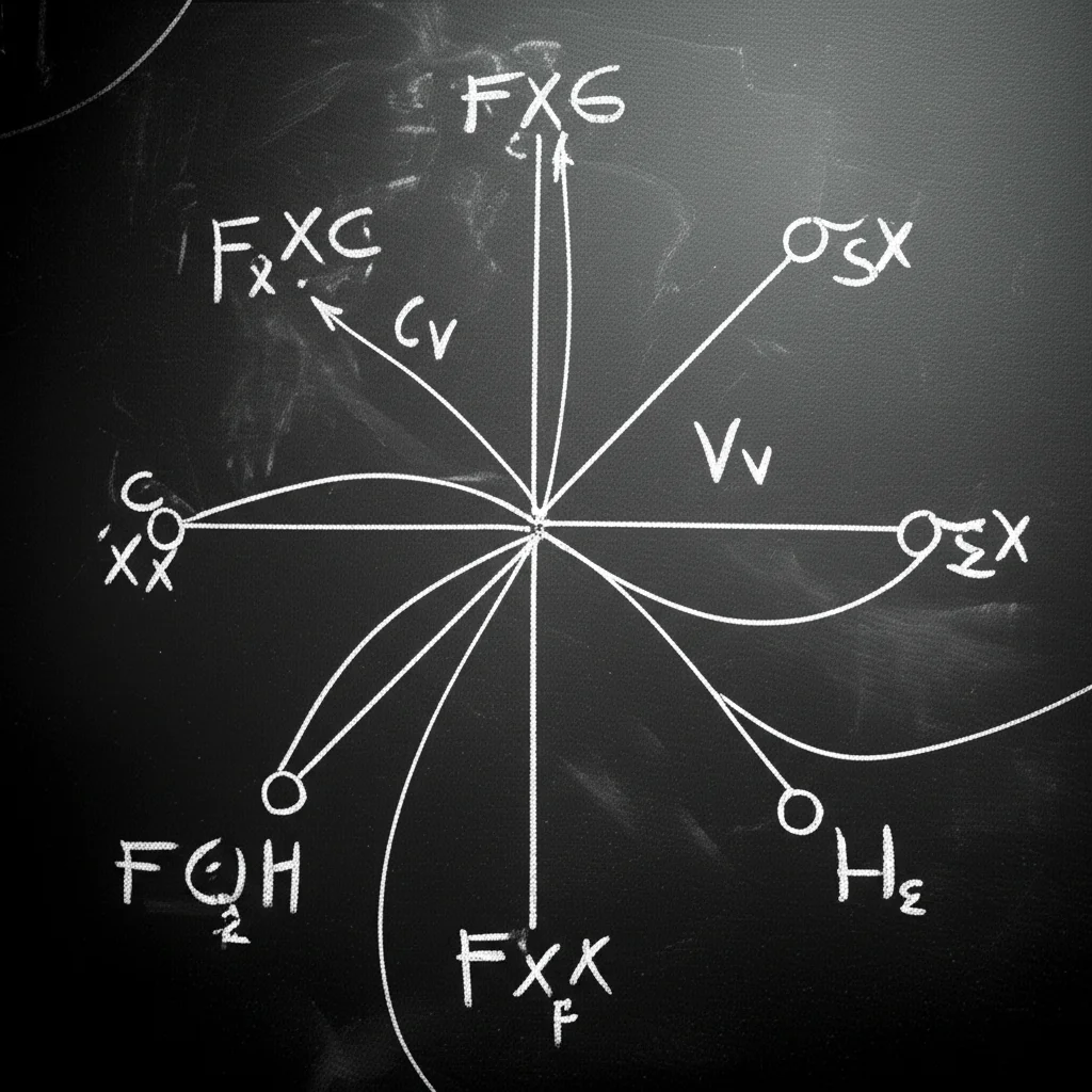 Un diagramma di Feynman stilizzato che illustra le interazioni tra fermioni di Majorana su una lavagna scientifica, con formule scritte a gesso, illuminazione laterale drammatica, profondità di campo, bianco e nero, lente prime 35mm.