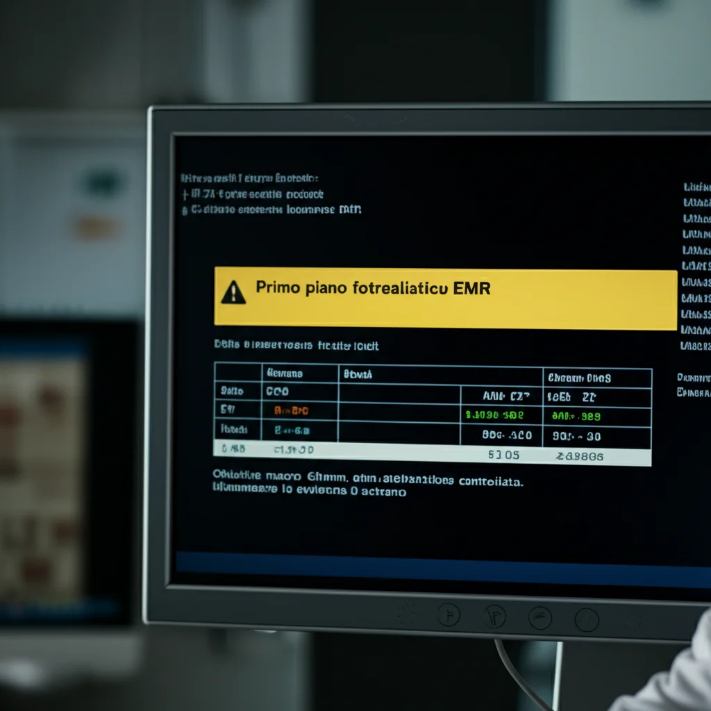 Primo piano fotorealistico di uno schermo EMR che mostra un alert discreto (banner giallo) e dati paziente anonimizzati in un contesto ospedaliero. Obiettivo macro 60mm, alta definizione, illuminazione controllata per evidenziare lo schermo.