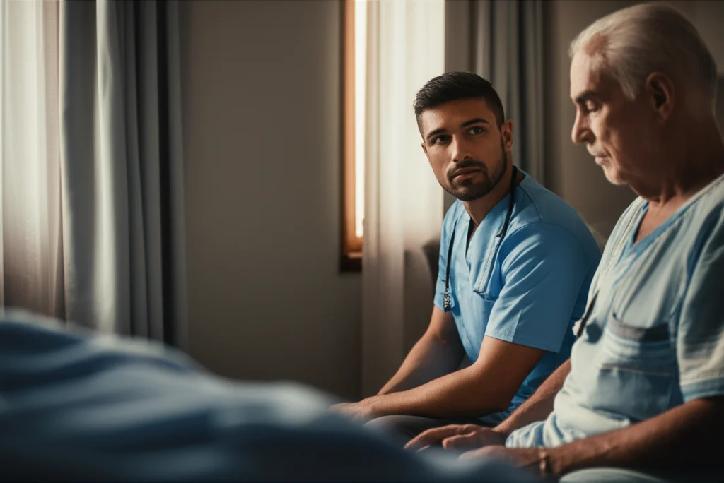 Fotografia di ritratto, primo piano di un caregiver dall'aspetto stanco ma premuroso, seduto accanto a un paziente anziano in convalescenza in una stanza d'ospedale, luce soffusa dalla finestra laterale, obiettivo 35mm, profondità di campo, toni leggermente desaturati.