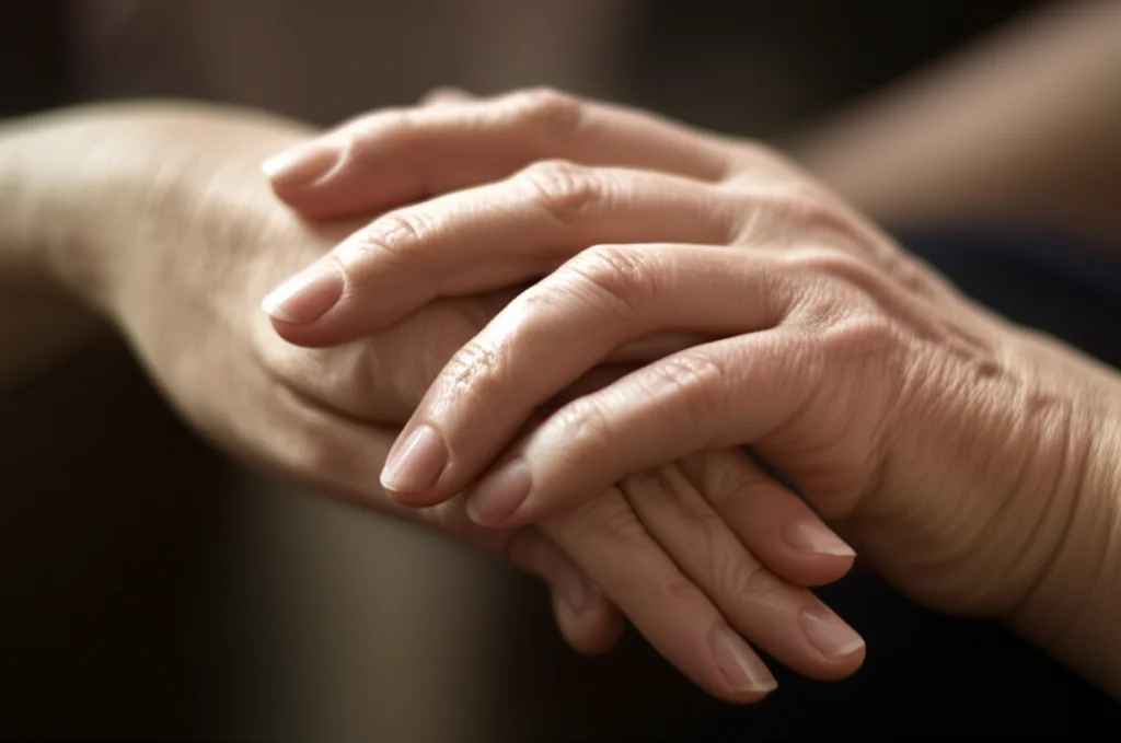 Macro fotografia di due mani che si stringono con delicatezza, una mano appare più anziana e segnata (del paziente), l'altra più giovane e forte (del caregiver), simboleggiando supporto e connessione emotiva. Illuminazione controllata e morbida, obiettivo macro 100mm, alta definizione dei dettagli della pelle.