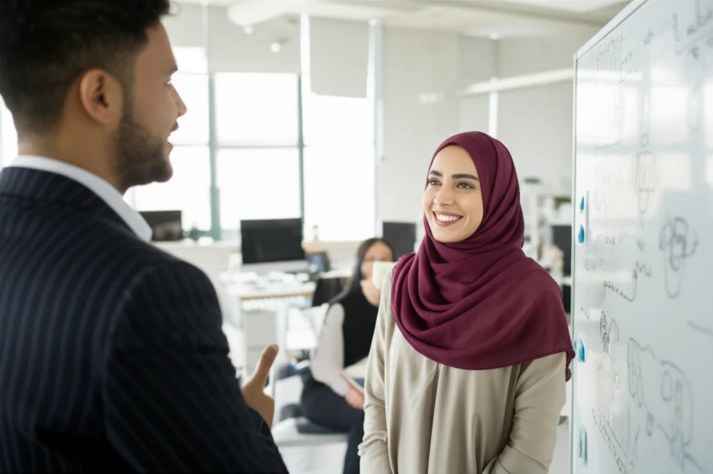Ritratto fotografico di una giovane imprenditrice saudita sorridente nel suo ufficio moderno e luminoso, che discute idee con un collega davanti a una lavagna bianca. Obiettivo prime 35mm, profondità di campo ridotta, illuminazione naturale controllata, atmosfera collaborativa.