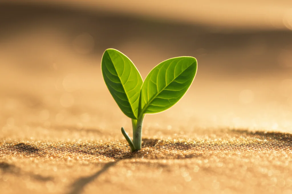 Immagine macro di una giovane pianta verde che spunta da un terreno sabbioso illuminato dal sole, simboleggiando la crescita e la resilienza dell'imprenditorialità nel deserto saudita. Obiettivo macro 100mm, messa a fuoco precisa sulla pianta, alta definizione dei dettagli, luce calda.