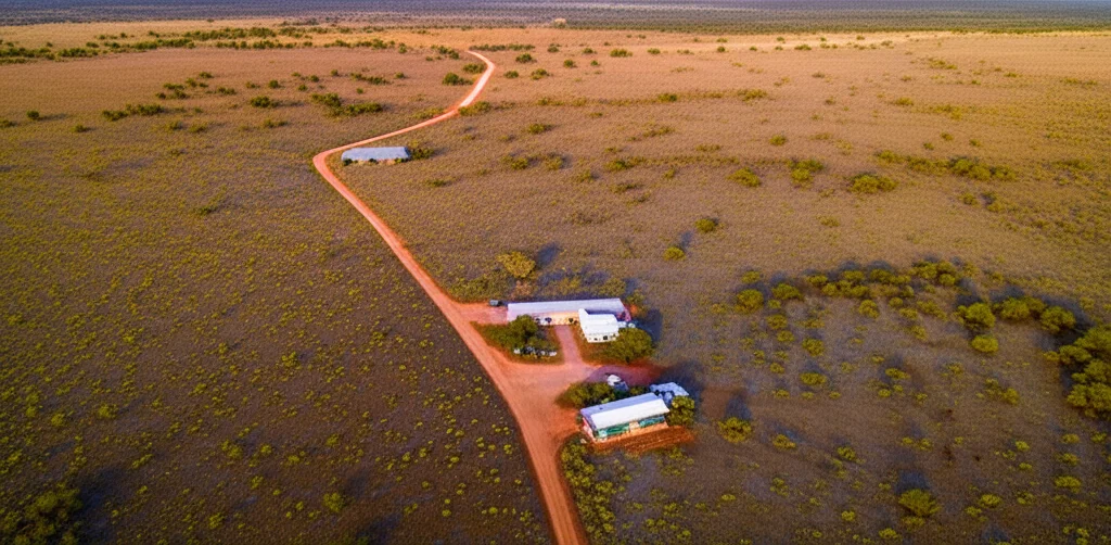 Veduta aerea di un paesaggio rurale australiano con un piccolo centro sanitario in lontananza, simboleggiando le sfide dell'accesso alle cure nelle aree remote. Fotografia paesaggistica, obiettivo grandangolare 16mm, luce del tardo pomeriggio, colori vividi, messa a fuoco nitida su tutto il panorama.