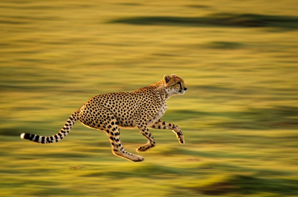 Fotografia naturalistica di un ghepardo in corsa nella savana africana al tramonto, teleobiettivo zoom 400mm, alta velocità dell'otturatore per congelare il movimento, tracciamento del movimento attivo, luce calda e radente.