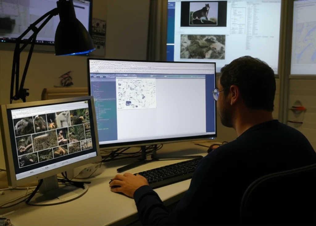 Ricercatore in un laboratorio che analizza dati su più schermi; uno schermo mostra immagini di animali da fototrappole, un altro mostra mappe SDM, un terzo mostra codice di deep learning. Obiettivo prime 35mm, profondità di campo che mette a fuoco il ricercatore e gli schermi, illuminazione da ufficio controllata.