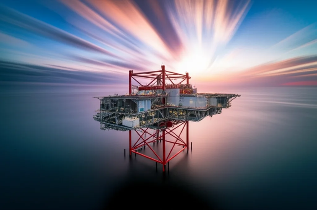 Grande angolo da 10 mm lenti da 10 mm, colpo drammatico di una grande piattaforma OTEC futuristica che galleggia in un vasto oceano tropicale al tramonto, lunga esposizione che crea acqua liscia e nuvole strisciate, che simboleggia la speranza e una potente energia rinnovabile. La piattaforma ha strutture di apporto e deflusso visibili.