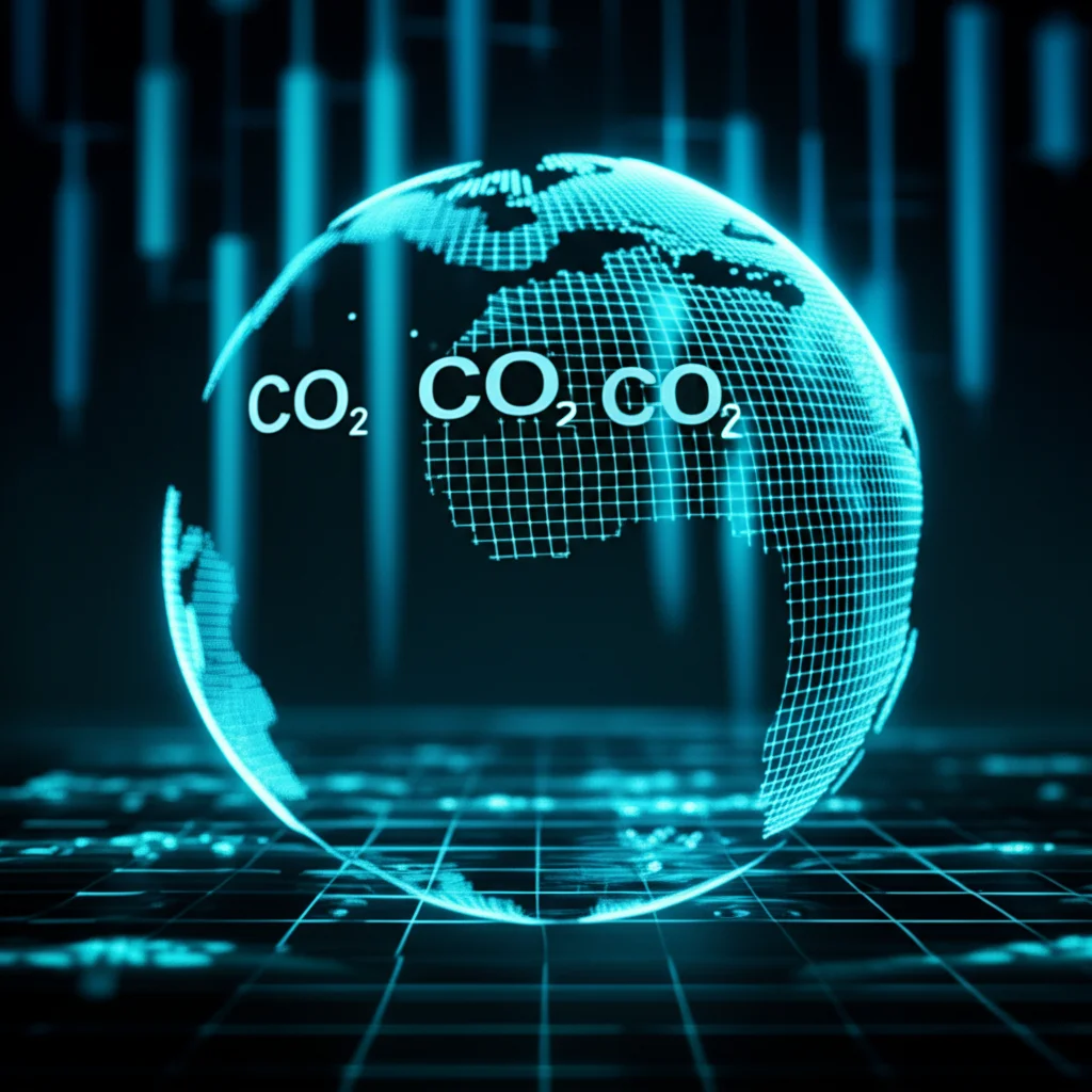 Macro shot, obiettivo da 60 mm, di una linea grafica luminosa sullo schermo di un computer che descrive i livelli di CO2 che cadono su uno sfondo delle visualizzazioni dei dati sulla temperatura dell'oceano, elevati dettagli, messa a fuoco precisa, illuminazione controllata, simboleggia l'impatto positivo della ricerca OTEC.