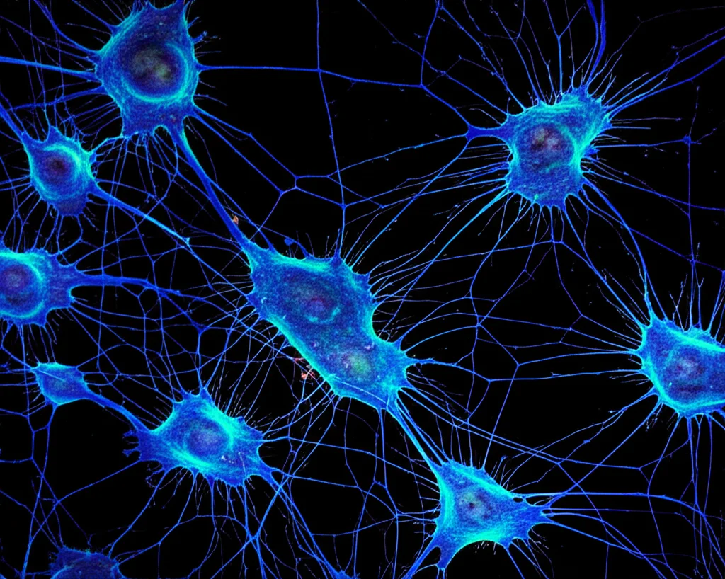 Fotografia macro con lente da 90mm di cellule microgliali attivate nella corteccia uditiva, che mostrano una morfologia ameboide indicativa di neuroinfiammazione, con illuminazione drammatica per enfatizzare la struttura, alta definizione.