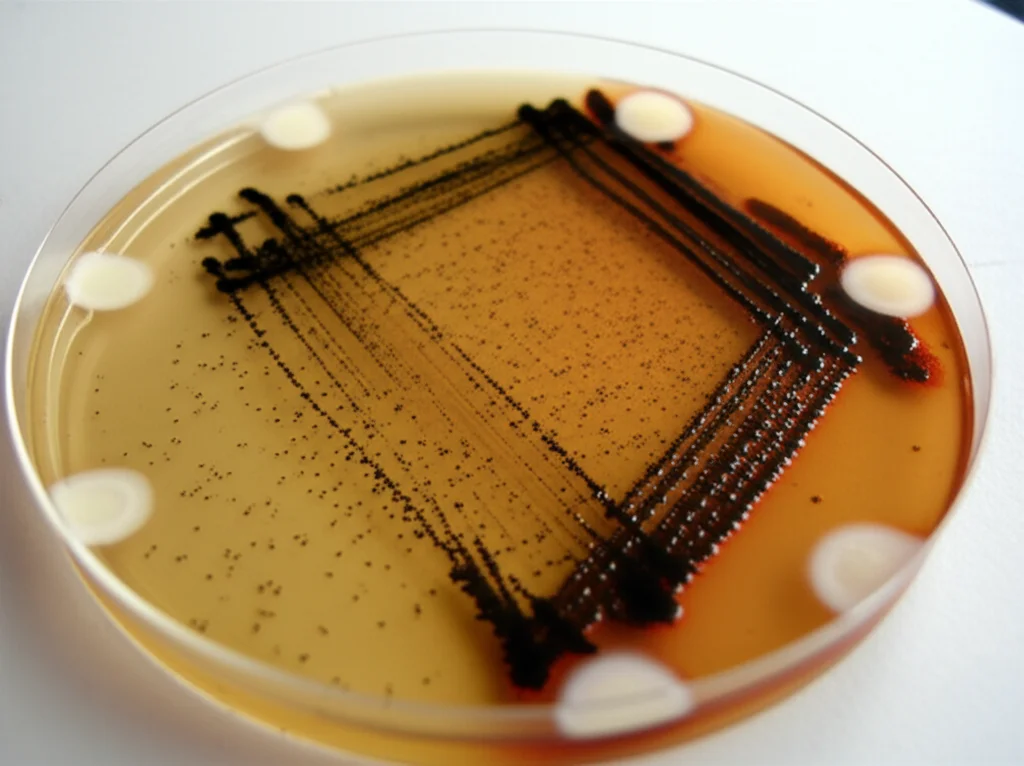 Lenti macro, 80 mm, dettagli elevati, focalizzazione precisa, illuminazione controllata: piatto di Petri che mostra le colonie batteriche di Streptococcus mutans sull'agar nel sangue, con zone di inibizione chiare attorno a pozzi contenenti estratto di pianta di Chenopodium Murale. Concentrarsi sul contrasto tra la crescita batterica e la zona di inibizione.
