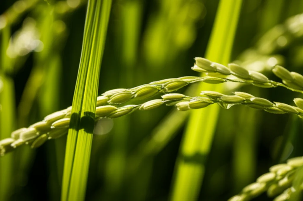 Macro fotografia di una giovane pianta di riso japonica con foglie verdi brillanti, alcune goccioline d'acqua sulle lamine fogliari, illuminazione laterale controllata per esaltare la texture, obiettivo macro 100mm, alta definizione dei dettagli, sfondo leggermente sfocato.
