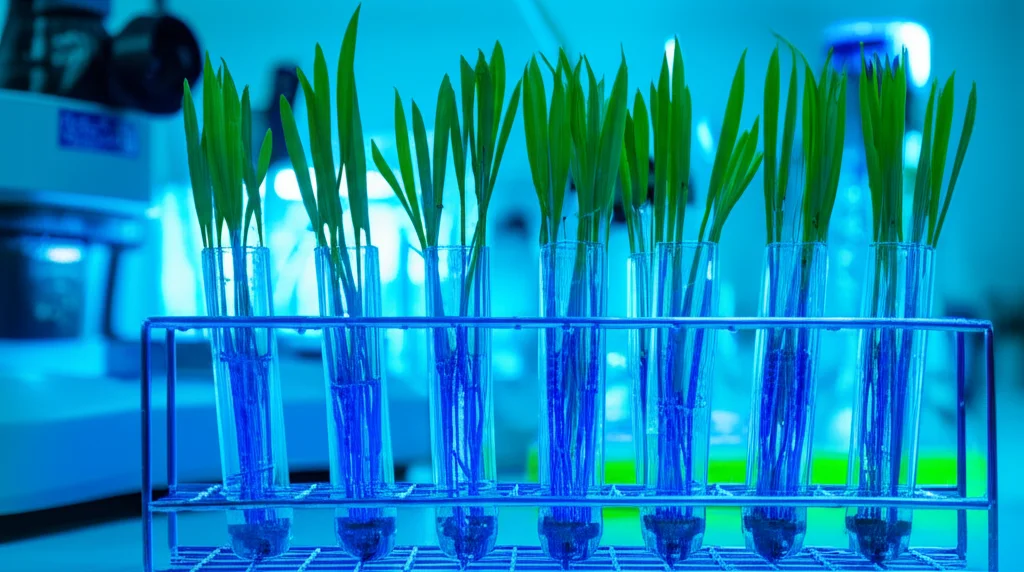 Immagine di laboratorio scientifico con provette contenenti piantine di riso in diverse fasi di crescita, alcune esposte a luce fredda bluastra per simulare lo stress da freddo, strumentazione di precisione sullo sfondo, obiettivo 50mm, illuminazione da laboratorio nitida, focus sui dettagli delle piantine.