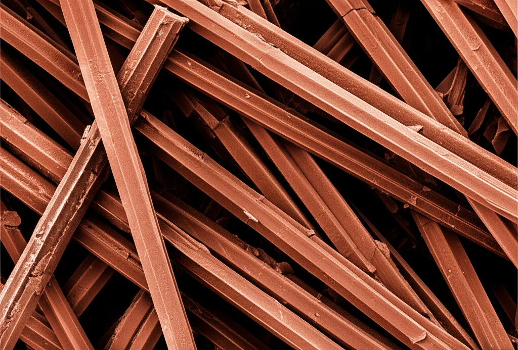 Immagine macro ad alta definizione di nanobarre di ematite rosso-brunastre, con illuminazione controllata per evidenziare la loro struttura cristallina e la superficie porosa, su uno sfondo neutro da laboratorio. Obiettivo macro 100mm, alta definizione, illuminazione da studio.
