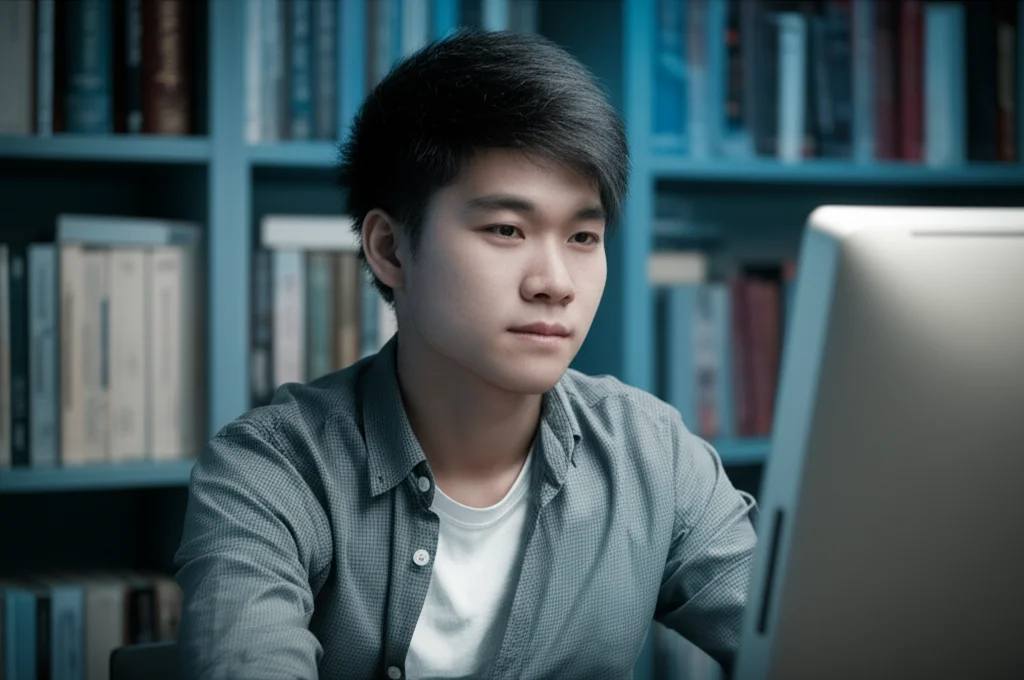 Primo piano di uno studente di medicina cinese, maschio, sui 20 anni, che guarda pensieroso lo schermo di un computer in una biblioteca universitaria scarsamente illuminata, con libri sullo sfondo. L'immagine dovrebbe trasmettere un senso di stress accademico e la potenziale tentazione di evasione tramite il gioco. Obiettivo prime, 35mm, profondità di campo, toni seppia e blu.