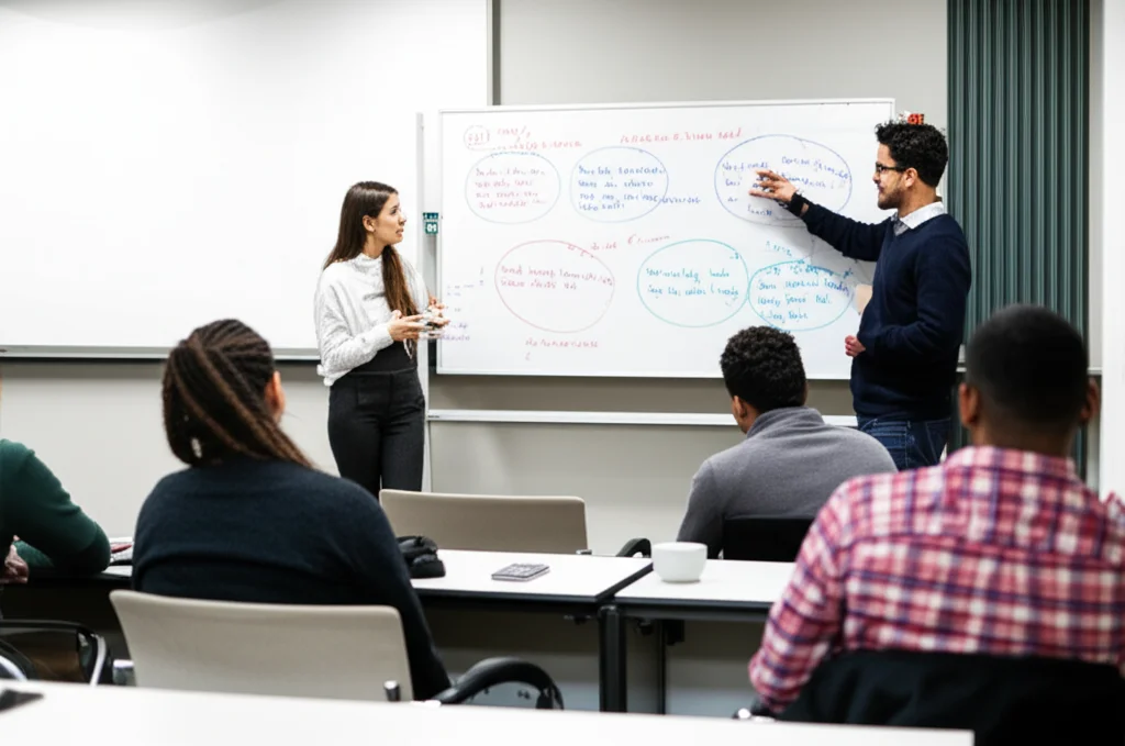 Un gruppo eterogeneo di studenti universitari, maschi e femmine, che partecipano attivamente a un workshop sulla gestione dello stress in un'aula moderna e luminosa. Un facilitatore indica una lavagna con diagrammi sulla mentalità e le strategie di coping. Obiettivo zoom, 24mm, luce naturale, colori vivaci, catturare l'interazione e l'apprendimento.