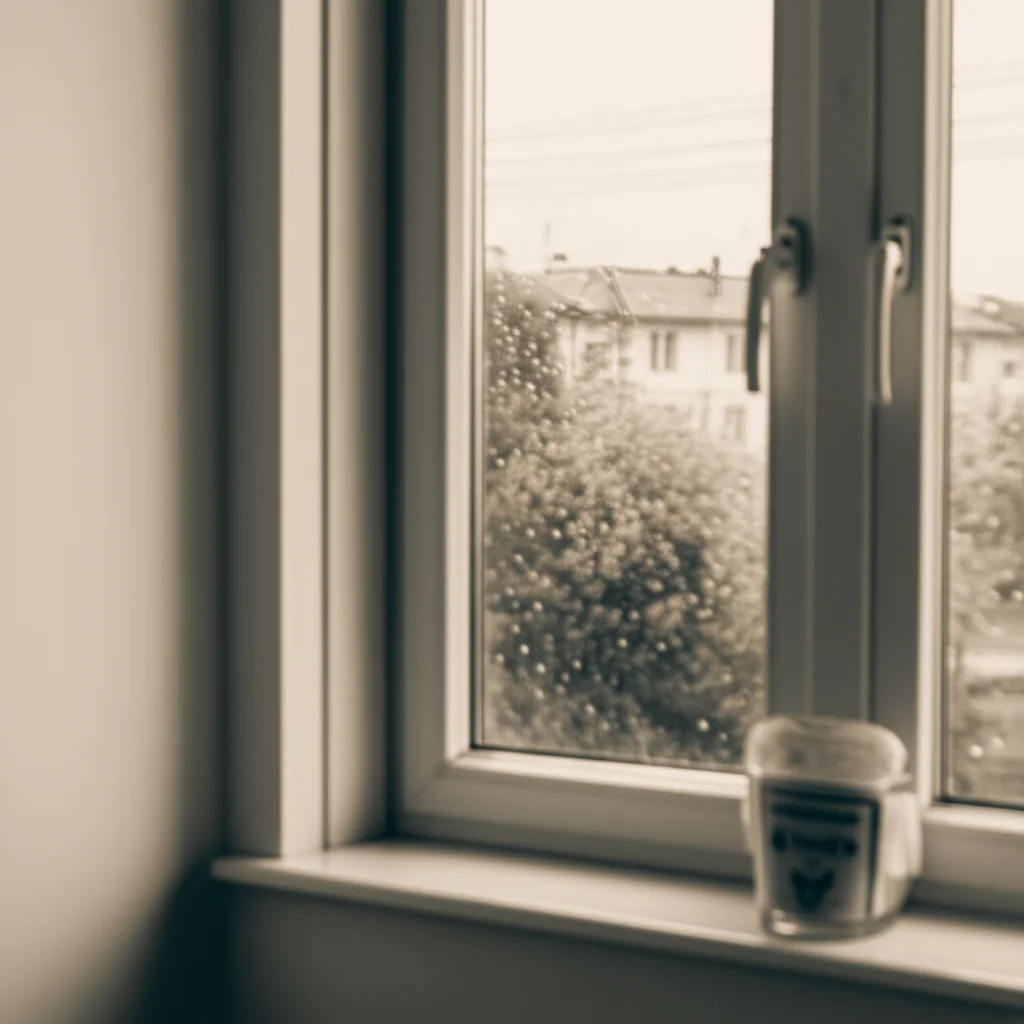 Fotografia realistica di una finestra di casa vista dall'interno in un giorno nuvoloso, simboleggiando il rifugio domestico durante la pandemia. Obiettivo prime 35mm, profondità di campo ridotta per focalizzare l'attenzione sulla vista esterna sfocata, toni duotone seppia e grigio per un'atmosfera malinconica.