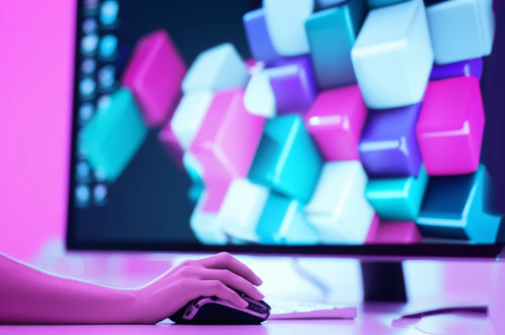 Una persona seduta davanti a un computer, con la mano sul mouse, osserva attentamente uno schermo che mostra diversi cubi colorati. Alcuni cubi sembrano più difficili da ruotare, simboleggiando lo sforzo. Prime lens, 35mm, depth of field, duotone ciano e magenta.