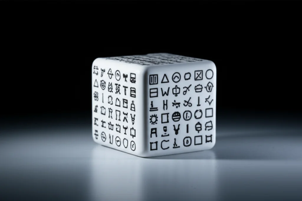 Due cubi virtuali su uno schermo: uno mostra simboli su ogni faccia visibile ('ricco di informazioni'), l'altro ha simboli solo su una faccia e le altre sono vuote ('povero di informazioni'). Macro lens, 100mm, high detail, precise focusing, illuminazione diffusa.