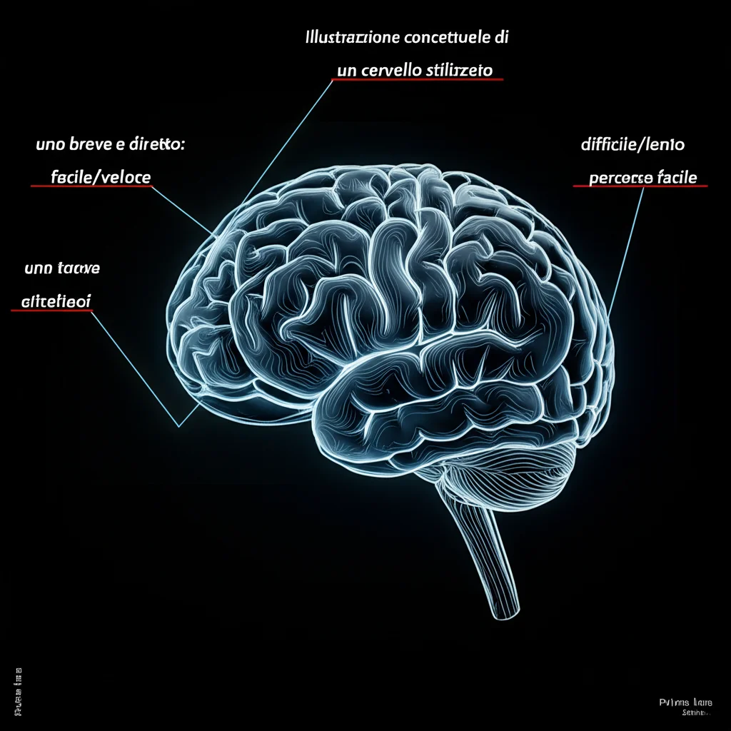 Illustrazione concettuale di un cervello stilizzato con due percorsi: uno breve e diretto etichettato 'facile/veloce' e uno più lungo e tortuoso etichettato 'difficile/lento'. Una freccia indica la preferenza per il percorso facile. Prime lens, 24mm, film noir, depth of field.