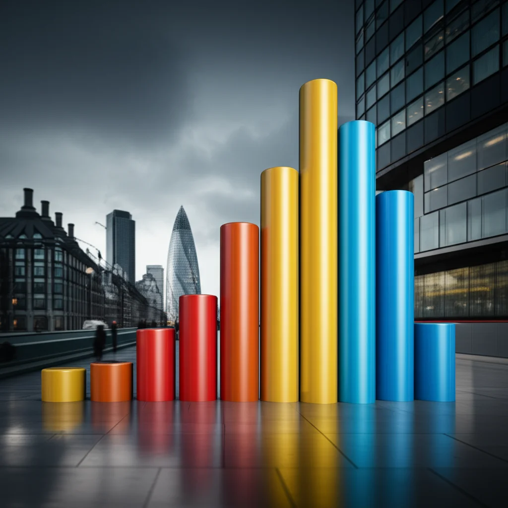 Un grafico a barre stilizzato che mostra una forte disparità nei livelli di consumo tra diverse fasce di popolazione nel Regno Unito, con alcune barre molto alte (ricchi) e altre molto basse (poveri). Lo sfondo suggerisce un ambiente urbano britannico moderno. Macro lens, 80mm, high detail, precise focusing, controlled lighting per enfatizzare il contrasto tra le barre.